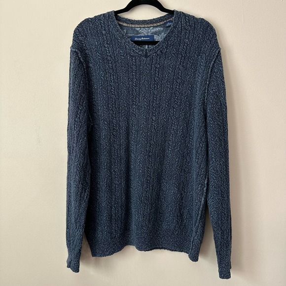 Tommy Bahama Large Blue VNeck Cable Knit Pullover‎ Sweater - Picture 1 of 4